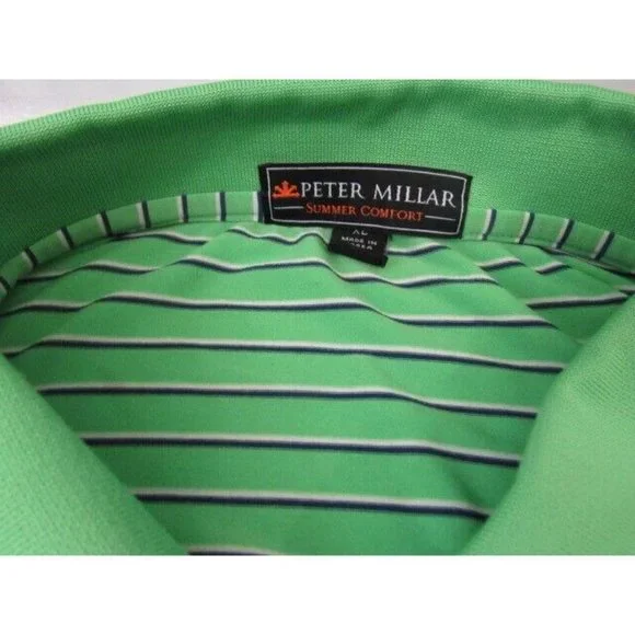 Peter Millar Summer Comfort Green White Strip Polo Golf Brae Burn Logo Size XL/T - Picture 4 of 6